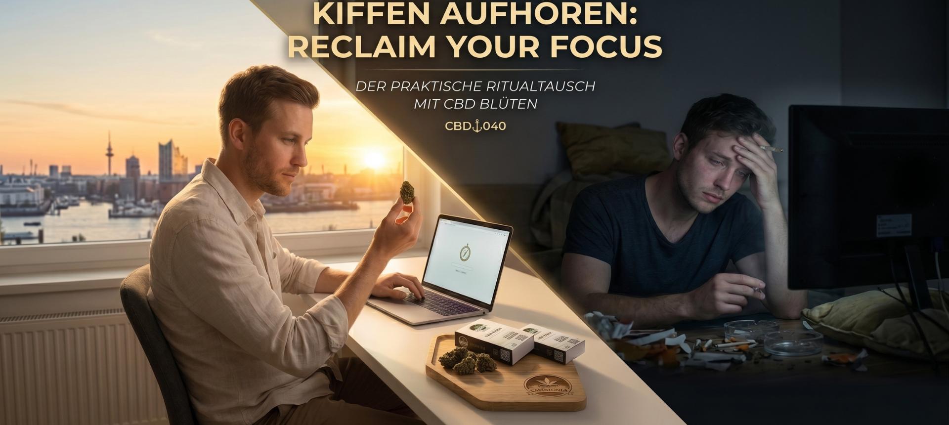 Transformation beim Kiffen aufhören: Ein Mann blickt aus der Isolation des THC-Konsums hin zu Klarheit und Fokus durch den Ritualtausch mit CBD040 Blüten.