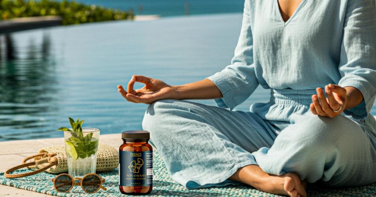 Glückliche Frau meditiert am sonnigen Strand mit NovaMood SAMe – natürliche Antidepressiva Alternative ohne Rezept und schnelle Serotonin-Unterstützung