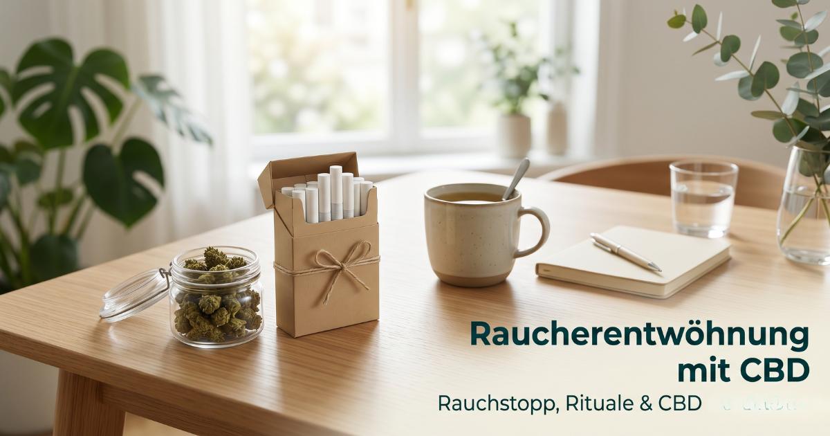 Premium CBD Zigaretten und CBD Blueten in einem hellen Wohnzimmer neben Tee und Notizbuch fuer bewusste Rauchrituale beim Rauchstopp.