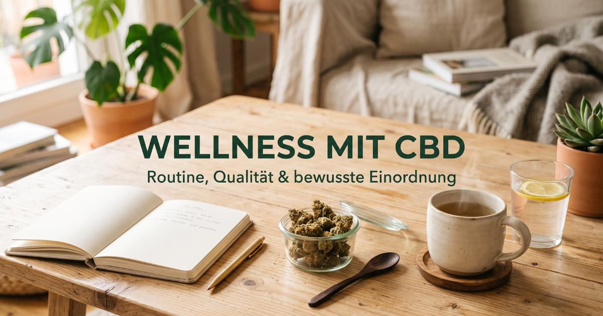Hochwertiges Lifestyle-Titelbild mit dem Schriftzug 'Wellness mit CBD', CBD-Blüten in einer Glasschale, einer Tasse Tee und einem Notizbuch auf einem hellen Holztisch für die bewusste Alltagsroutine.
