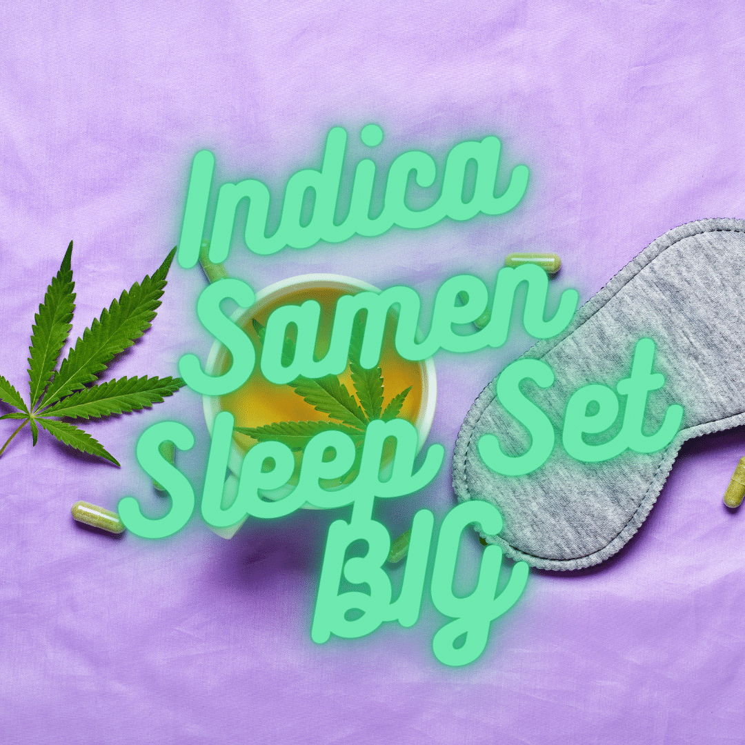 THC Indica Samen Sleep Set Aufschrift in Neongrün mit Lila Hintergrund wo ein Hanfblatt und eine Schlafmaske und eine Tasse Tee mit einem Cannabis Blatt drinne ist