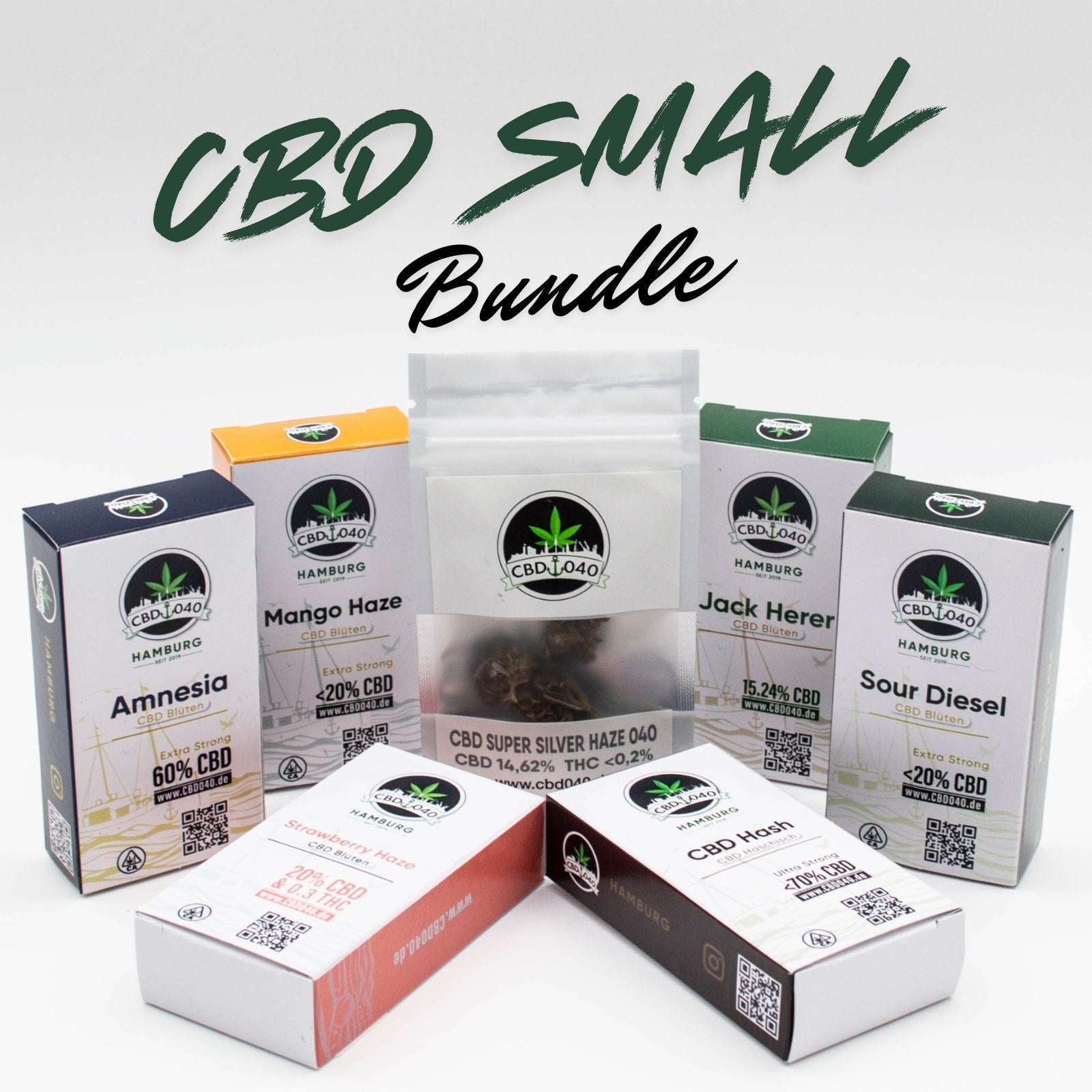 CBD Blüten Small Bundle kaufen – Amnesia, Mango Haze, Jack Herer, Sour Diesel, Super Silver Haze & CBD Hasch – Cannabis ohne Rezept bestellen bei CBD040