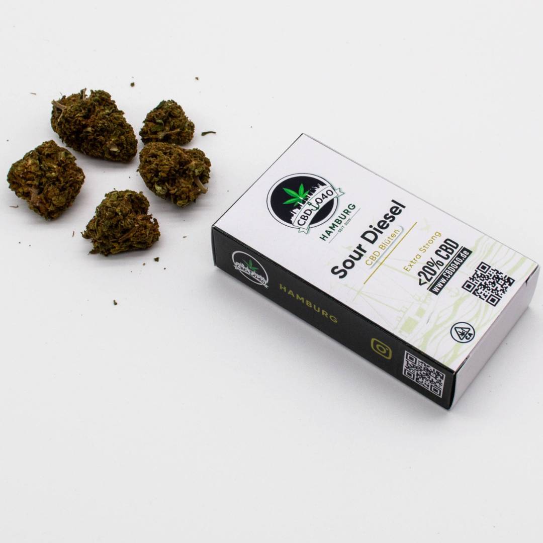 CBD Blüten der Sorte Sour Diesel 2 – CBD Blüten kaufen bei CBD 040, Cannabis ohne Rezept legal bestellen und sicher zahlen mit Klarna & Kauf auf Rechnung