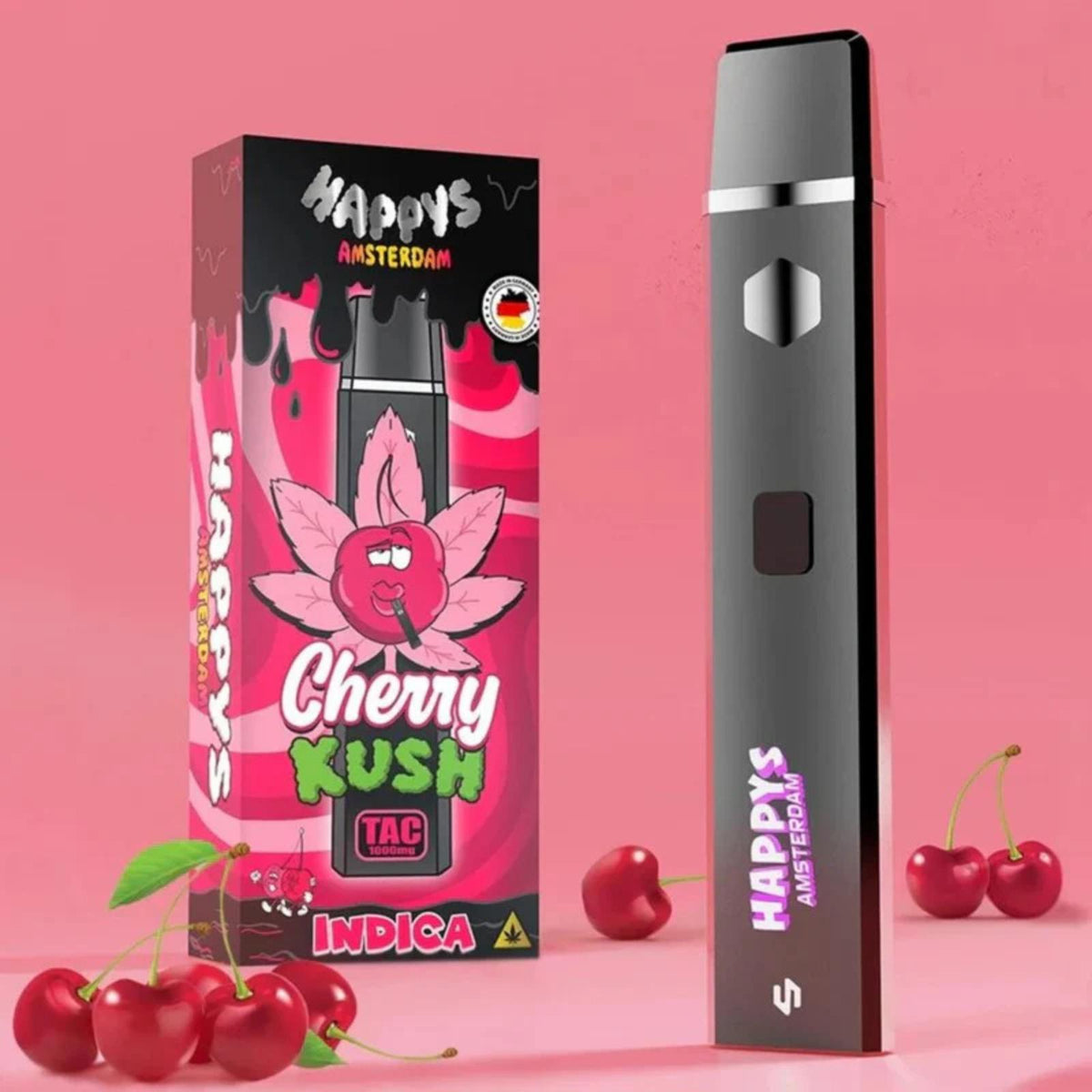 Vorderansicht des Premium TAC Vape Cherry Kush mit 1000 mg Diamond TAC als direkt einsatzbereiter Einweg-Vape.